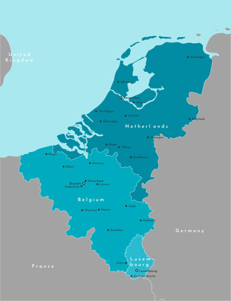 Vector modern illustration. Simplified political map of states of Benelux Union and neighboring areas. Blue background of North Sea. Names of largest cities of Belgium, Netherlands, Luxembourg Vector modern illustration. Simplified political map of states of Benelux Union and neighboring areas. Blue background of North Sea. Names of largest cities of Belgium, Netherlands, Luxembourg. benelux stock illustrations