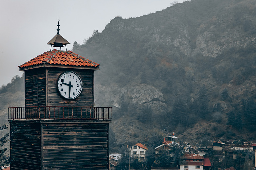 Bolu, Turkey - october 21, 2019: A wooden clock tower view.
