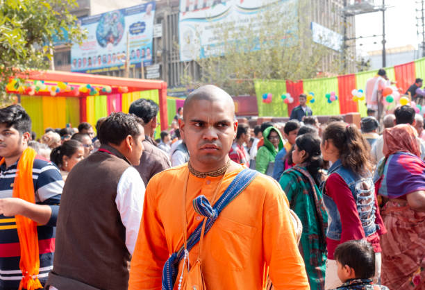 Ghaziabad, Uttar Pradesh / India  Feb 2020 : Portrait of indian monk participating in lord jagannath rath yatra
