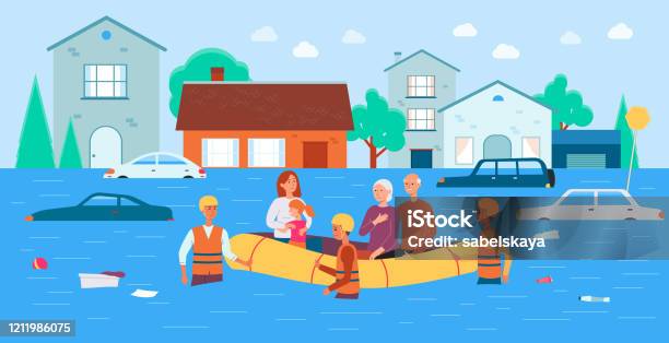  Ilustración de Bandera De Rescate De Inundaciones Familia De Dibujos Animados En Barco Salvado Por El Equipo De Socorro De Desastres Naturales y más Vectores Libres de Derechos de Inundación