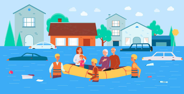 bildbanksillustrationer, clip art samt tecknat material och ikoner med flood rescue banner - tecknad familj i båt räddas av naturkatastrof hjälpteam - car driver