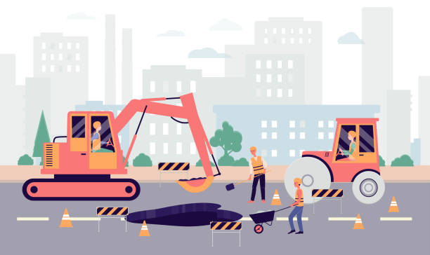 ilustraciones, imágenes clip art, dibujos animados e iconos de stock de cartoon personas fijando agujero en la carretera - ciudad industrial roadwork banner - road street thoroughfare hole