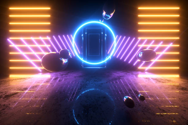 istock 3D render, abstract neon background, blue ring and yellow lines of reflection, virtual reality, ultraviolet light. Copy space 1211986635
