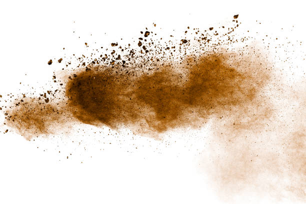istock Brown powder dust cloud.Brown particles splattered on white background. 1211989324