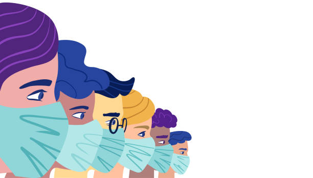 bildbanksillustrationer, clip art samt tecknat material och ikoner med en grupp människor som bär en skyddande medicinsk mask för att förhindra coronavirus. vektor begreppet coronavirus karantän. - skyddsmask