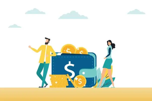 Vector illustration of man and woman are standing near the wallet with money and credit cards. The concept of family budget and finance. The concept of electronic wallet. Home savings and investments. Modern vector illustration.