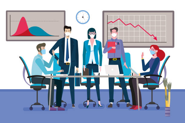 Business people in an office with face mask Group of business men and women as a teamwork standingarround a meeting table with face mask. Graph showing business decline for the coronavirus. Vector illustration. manager illustrations stock illustrations