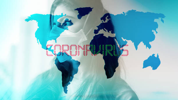 Coronovirus 2019-nCov background concept. Patience wearing protective mask with world map overlay. Coronavirus 2019-nCov novel coronavirus concept motion background, patience with protective mask. coronavirus dangerous flu. Asia, China - East Asia, 4K Resolution, Abstract, Alertness. human genome map stock pictures, royalty-free photos & images