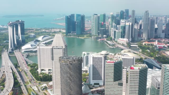 Aerial view of Singapore  with financial district buildings,hotels,tourist attractions.Travel destination in Asia