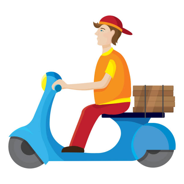 pizza lieferung mann fahren roller. - pizza delivering running men stock-grafiken, -clipart, -cartoons und -symbole