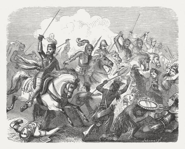  Ilustración de Batalla De Otumba Entre Los Españoles Y Los Aztecas y más Vectores Libres de Derechos de Hernando Cortés