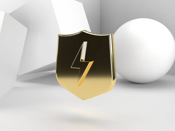 Gold material lightning bolt shield icon in white geometric space with clipping path