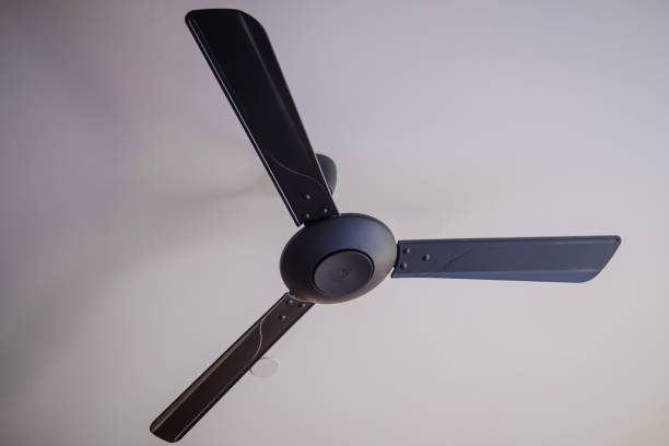 istock A spinning fan on the black ceiling. Ceiling fan still life black 1211996029