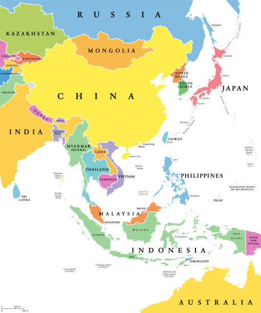 East Asia, single states, political map East Asia, single states, political map. All countries in different colors, with national borders, labeled with English country names. Eastern subregion of the Asian continent. Illustration. Vector. indochina stock illustrations