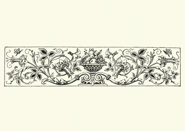 Fruit bowl, Birds, and flowers design Vintage engraving of Fruit bowl, Birds, and flowers design antique fruit bowl stock illustrations