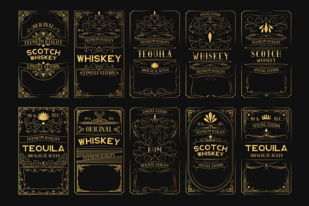 ilustraciones, imágenes clip art, dibujos animados e iconos de stock de conjunto de etiquetas de alcohol dorado. escocés de oro vintage, whisky, tequila, marcos de ron para botella con letras. - whisky