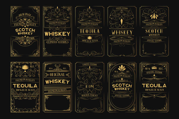 ilustrações de stock, clip art, desenhos animados e ícones de set of golden alcohol labels. vintage gold scotch, whiskey, tequila, rum frames for bottle with lettering. - sign symbol typescript retro revival