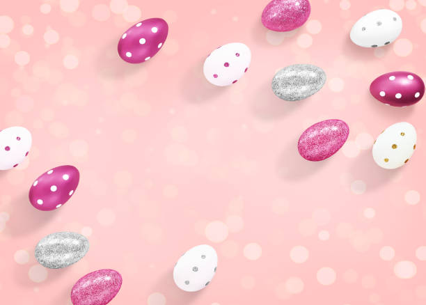 istock Composition of silver, white and purple eggs with bokeh lights on a pastel pink background. Advertising content for the Easter holiday. Flat lay, top view, close up, copy space for your text 1212000498