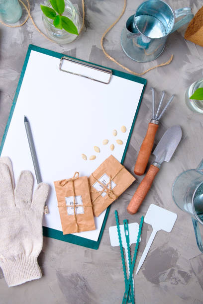 istock gardener's desk with garden tools, seeds and tablet 1212000539