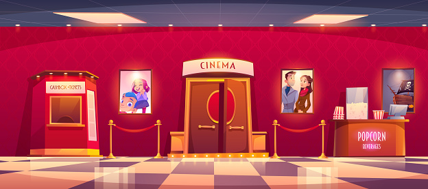 Cinema with cashbox and counter with popcorn. Vector cartoon illustration of luxury movie theater interior with tickets and snack shop, film posters and red rope fence