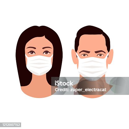istock Two human heads in medicine masks - protection in prevention for coronavirus. Man and Woman young faces isolated on white background. European male and female user icons. Stock vector illustration 1212007152