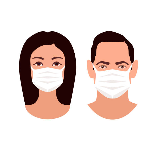 Two human heads in medicine masks - protection in prevention for coronavirus. Man and Woman young faces isolated on white background. European male and female user icons. Stock vector illustration Two human heads in medicine masks - protection in prevention for coronavirus. Man and Woman young faces isolated on white background. European male and female user icons. Stock vector illustration. facial mask woman stock illustrations
