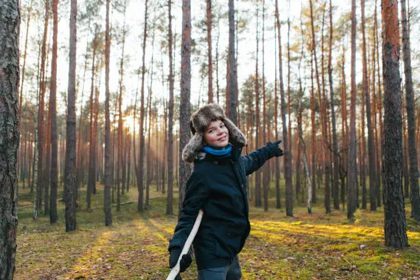 December 1, 2018 - Kampinos, Poland: handsome pre-adolescent boy holding a stick, posing, smiling, being carefree and happy in winter forest at evening