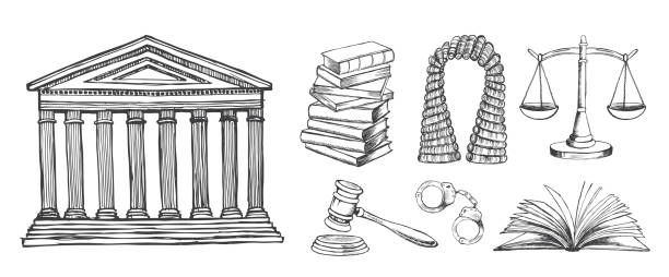 Law symbols set. Vector hand drawn illustration. Law symbols set. Vector hand drawn illustration. lawyer drawings stock illustrations