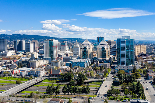 An aerial view of the downtown Oakland skyline on a clear sunny day.
The federal building and other iconic buildings fill the skyline.