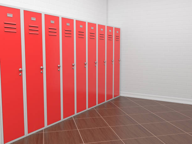 istock Red lockers in in the empty room. 3d illustration 1212011553