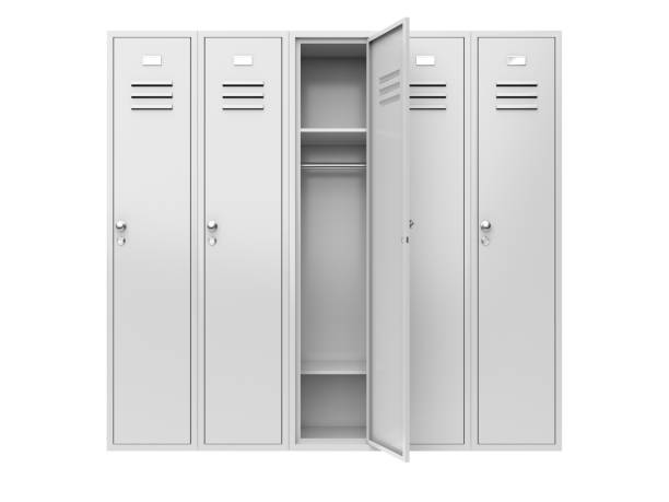 Metal gym lockers with one open door Metal gym lockers with one open door. 3d rendering illustration isolated on white background locker stock pictures, royalty-free photos & images