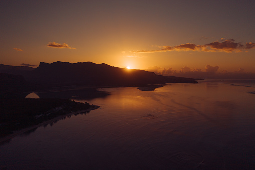 Sunrise aerial view of Le Morne, Mauritius.