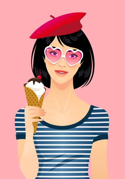 ilustraciones, imágenes clip art, dibujos animados e iconos de stock de mujer joven con anteojos en forma de abeja y corazón - beret