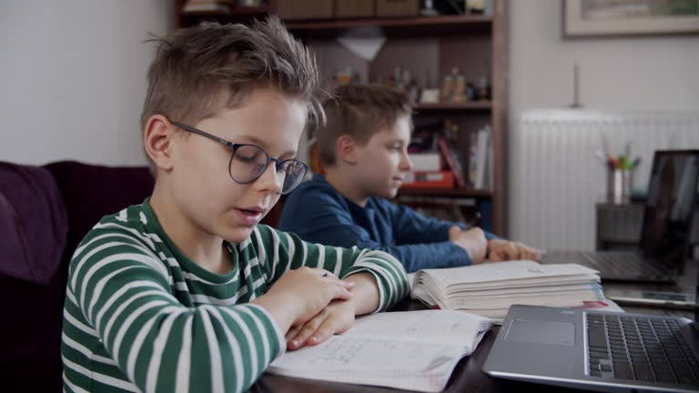 Little boys attending to online class from home. The school has been closed during coronavirus outbreak and the classes have moved to e-learning platform.
Shot with BMPCC4k with Q0 Raw