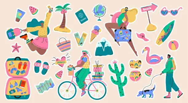 Vector illustration of Collection of adventure tourism, travel abroad, summer vacation trip stickers, hiking and backpacking decorative design elements isolated on white background. Flat cartoon colorful vector illustration