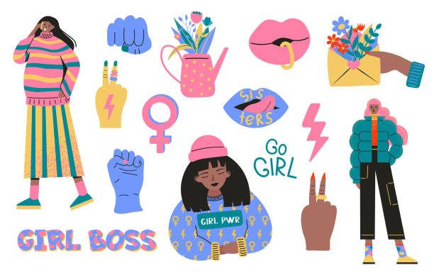 ilustraciones, imágenes clip art, dibujos animados e iconos de stock de colección de símbolos de feminismo y movimiento de positividad corporal. conjunto de pegatinas de colores con eslóganes o frases feministas y positivas para el cuerpo. ilustración vectorial moderna en estilo de dibujos animados planos - camiseta con logotipo