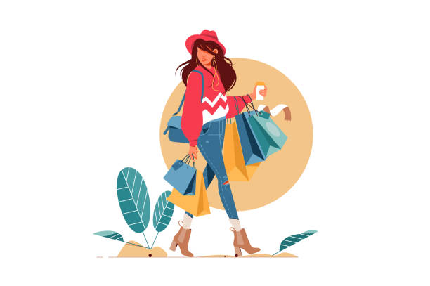 ilustraciones, imágenes clip art, dibujos animados e iconos de stock de joven atractiva mujer de moda sosteniendo paquetes con ropa después de comprar. - adicto a las compras