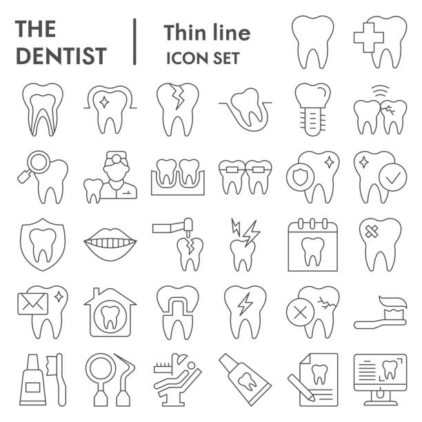 zahnmedizin dünne linie symbol gesetzt. zahnpflege zeichen sammlung, skizzen, logo-illustrationen, web-symbole, umriss stil piktogramme paket isoliert auf weißem hintergrund. vektorgrafiken. - zahnpflege stock-grafiken, -clipart, -cartoons und -symbole