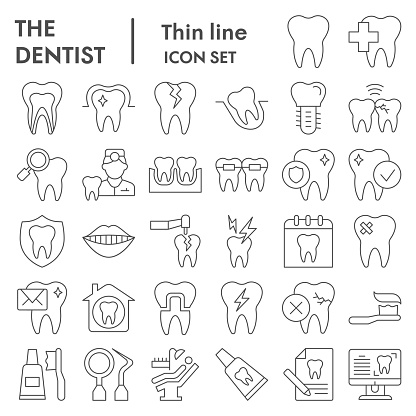Dentistry thin line icon set. Dental care signs collection, sketches, logo illustrations, web symbols, outline style pictograms package isolated on white background. Vector graphics