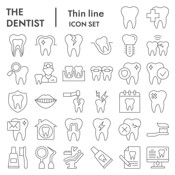 Vector illustration of Dentistry thin line icon set. Dental care signs collection, sketches, logo illustrations, web symbols, outline style pictograms package isolated on white background. Vector graphics.