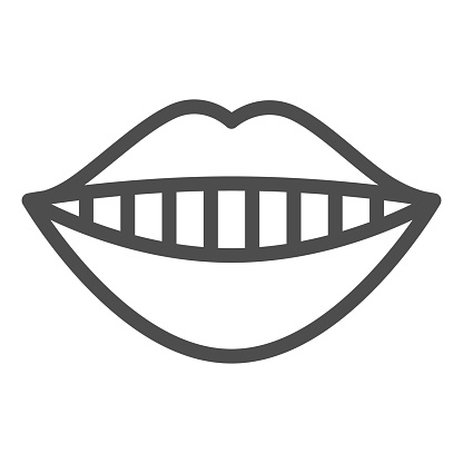 Smiling mouth line icon. Lips and teeth, dental smile with white tooth symbol, outline style pictogram on white background. Dentistry sign for mobile concept and web design. Vector graphics