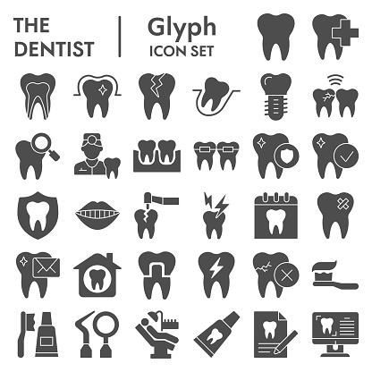 Dentistry solid icon set. Dental care signs collection, sketches, logo illustrations, web symbols, glyph style pictograms package isolated on white background. Vector graphics