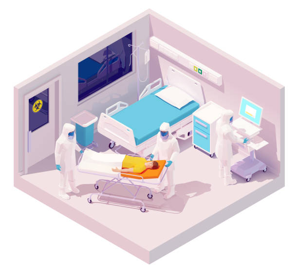 Vector isometric man hospitalization with coronavirus disease Vector isometric man hospitalization with coronavirus disease or Covid-19. Doctor in protective masks hospitalize the patient with suspected infectious coronavirus or Covid-19. Hospital isolation ward hospital ward stock illustrations