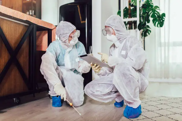 Photo of Specialists in protective suits do disinfection or pest control in the apartment.