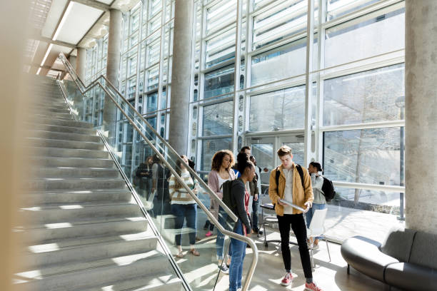 College students walking to class A group of male and female college students walk together to class. They are walking in a campus lobby or hallway lined with large, bright windows. continuing education stock pictures, royalty-free photos & images