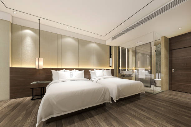 istock 3d rendering modern luxury bedroom suite and bathroom and working table 1212022603