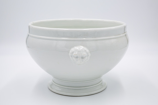 White porcelain rice bowl with lid on white background