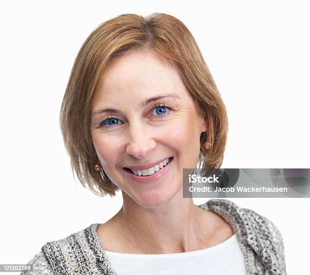 Portrait Of Middle Aged Woman Smiling Isolated On White Backgrou Stock Photo - Download Image Now