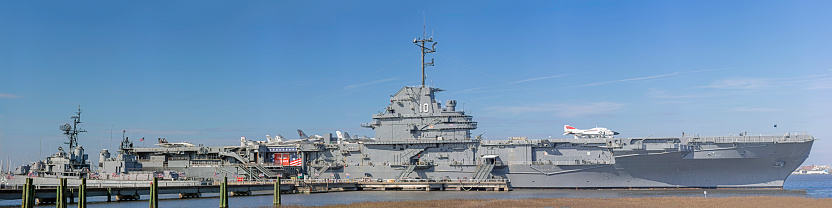 Charleston, SC/USA - March 12, 2020\nUSS Yorktown, a WWII aircraft carrier, was decommissioned in 1970. Now a museum ship and a National Historic Landmark, it is docked at Patriots Point along Charleston Harbor.