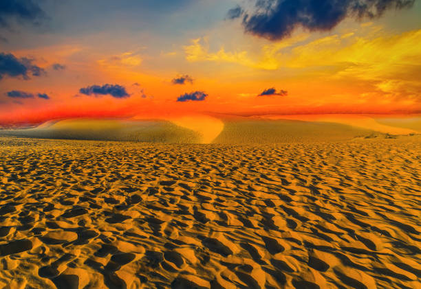istock Desert sunset with sun disk over sand dunes, United Arab Emirates, Dubai 1212027189